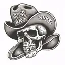 skull in a cowboy hat with text that says "Ain't it Strange?" tattoo design idea