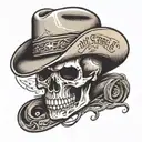 skull in a cowboy hat with text that says "Ain't it Strange?" tattoo design idea