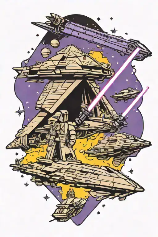 jedi holding purple light saber stopping imperial star destroyer with force tattoo design idea