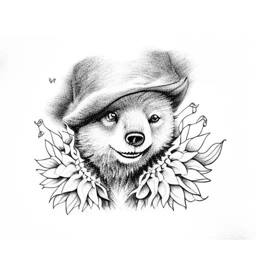 A whimsical scene of Paddington Bear surrounded by sunflowers tattoo design idea
