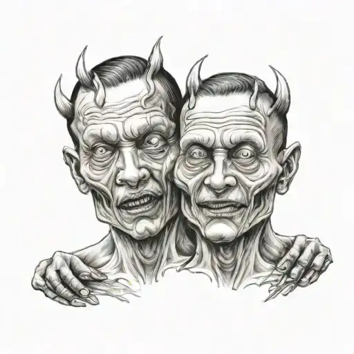 siamese twin head gore monster bad Side and good side tattoo design idea