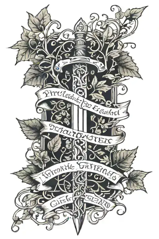 lotr narsil sword with ivy growing around it and a tolkien quote next to it tattoo design idea