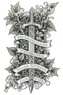 lotr narsil sword with ivy growing around it and a tolkien quote next to it tattoo design idea