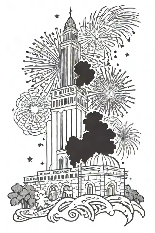 alamo with hemisfair tower and fireworks in background tattoo design idea