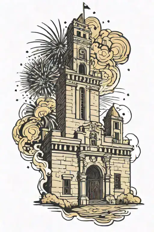 Alamo with tower of America with fireworks in background tattoo design idea