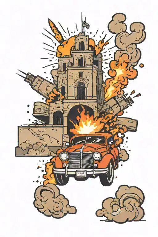 alamo with fireworks exploding tattoo design idea