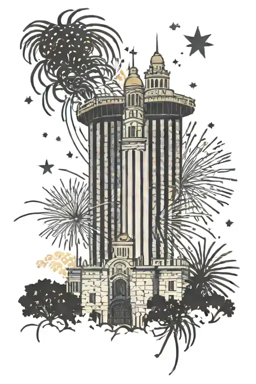 alamo with hemisfair tower and fireworks in background tattoo design idea