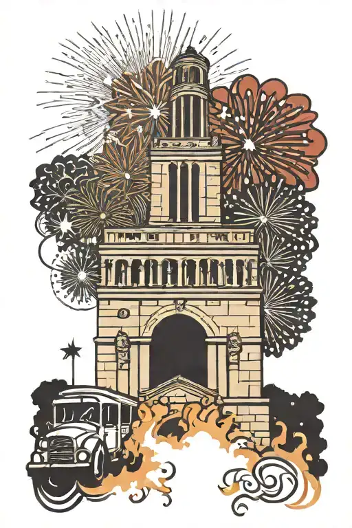 alamo with hemisfair tower and fireworks in background tattoo design idea