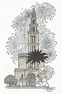 alamo with hemisfair tower and fireworks in background tattoo design idea