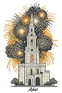 Alamo with tower of America with fireworks in background tattoo design idea