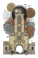 alamo with hemisfair tower and fireworks in background tattoo design idea