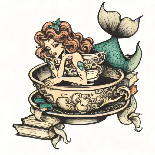 mermaid in a teacup on a stack of books tattoo design idea