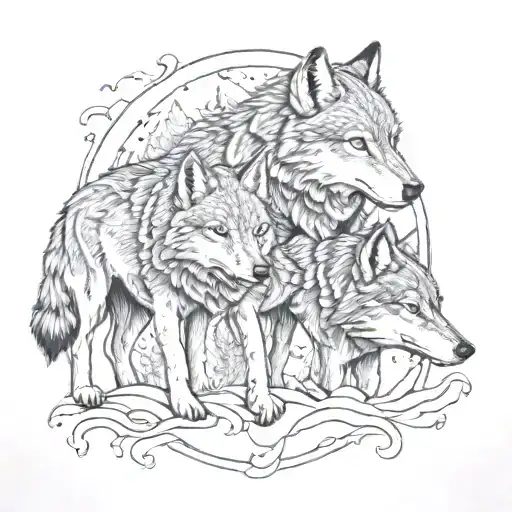 A dotwork tattoo of a wolf pack hunting together, symbolizing unity and determination tattoo design idea
