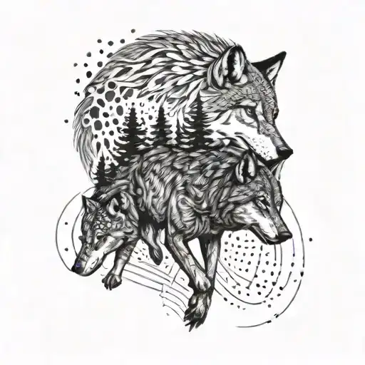 A dotwork tattoo of a wolf pack hunting together, symbolizing unity and determination tattoo design idea