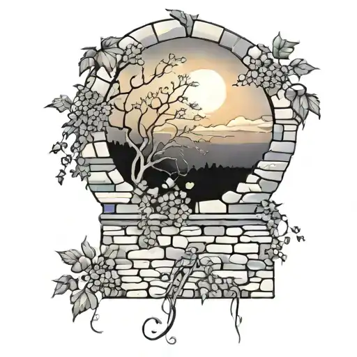 stone wall wrapped in vines sunset sky tattoo design idea