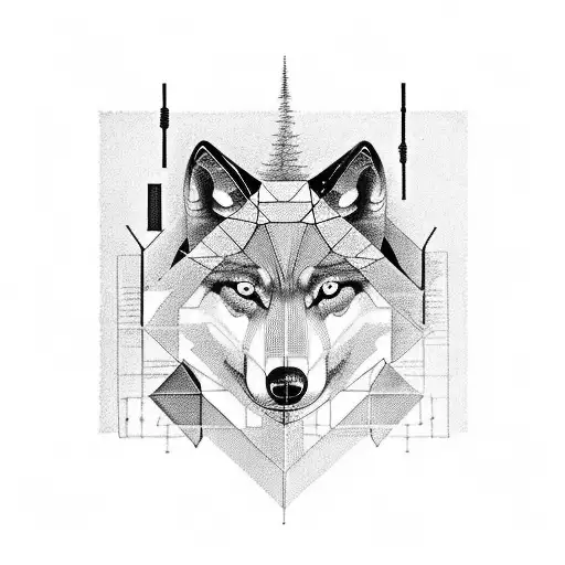 A wolf running through a forest of geometric structures, portraying the engineer's love for nature and engineering. tattoo design idea