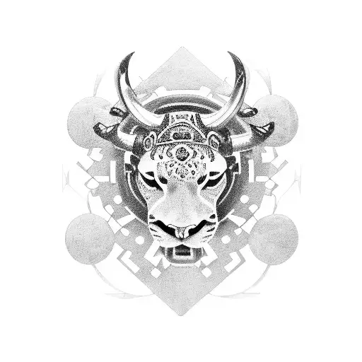 A symmetrical design merging the elements of a jaguar, a bull, and mechanical gears, symbolizing the harmony between nature and technology. tattoo design idea
