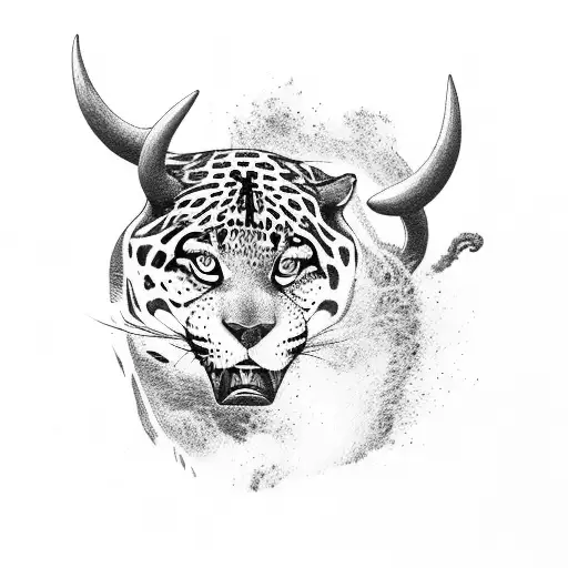 A majestic jaguar and a powerful bull facing each other in a fierce battle. tattoo design idea