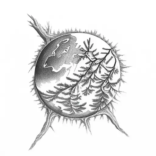 cedar tree with roots attached over a super realistic planet earth  tattoo design idea