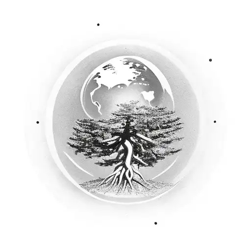 cedar tree with roots attached and hovering over a realistic planet earth  tattoo design idea