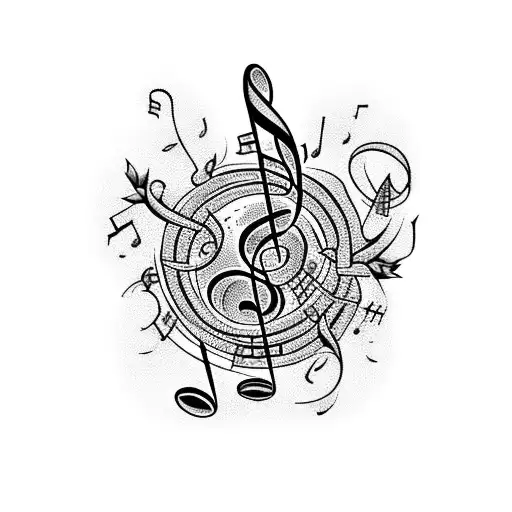 A music-themed tattoo featuring a crochet hook and musical notes intertwined with vines and flowers tattoo design idea