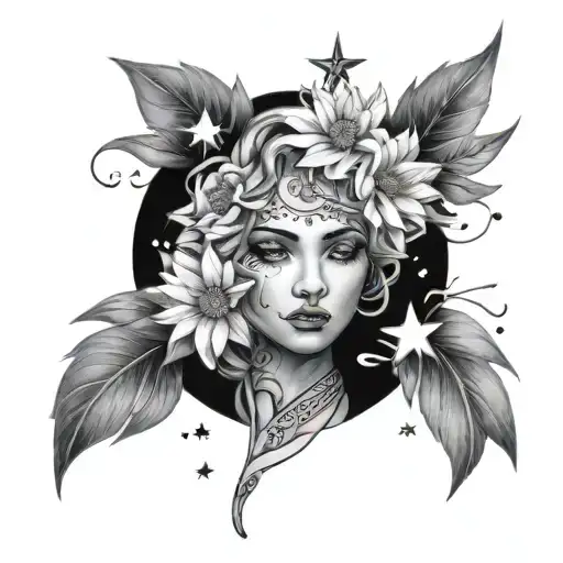 face of Ashera , asters flowers, stars tattoo design idea