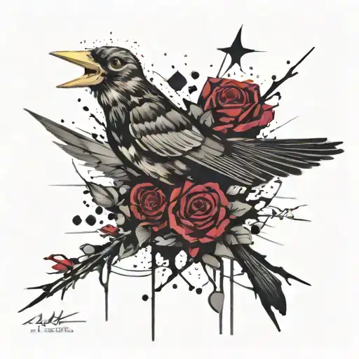 roses, blackbird, moth, stars  tattoo design idea