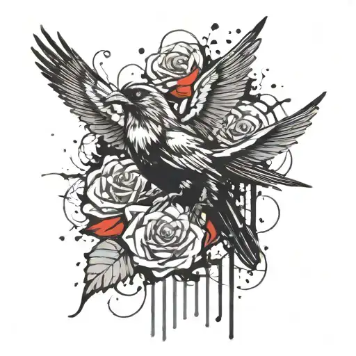 roses, black bird flying, stars shining, Ashera face tattoo design idea