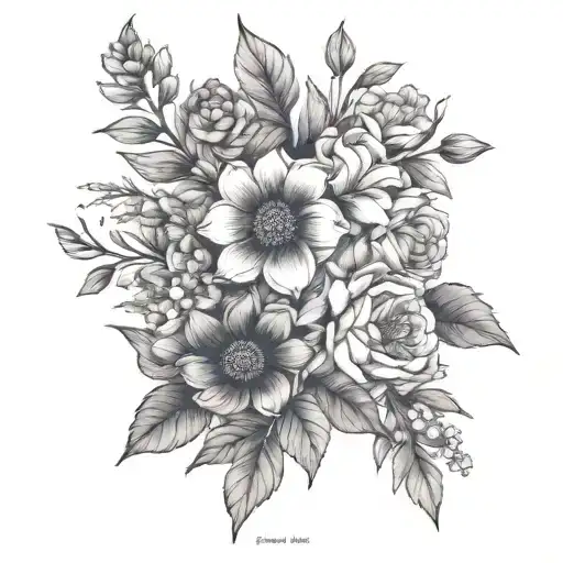 March, August, September, July June, December birth flower bouquet tattoo design idea