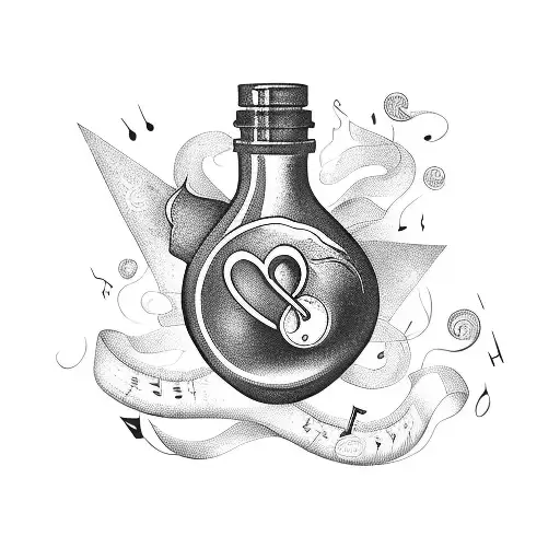 A love potion bottle with musical notes, nature elements, and party symbols tattoo design idea