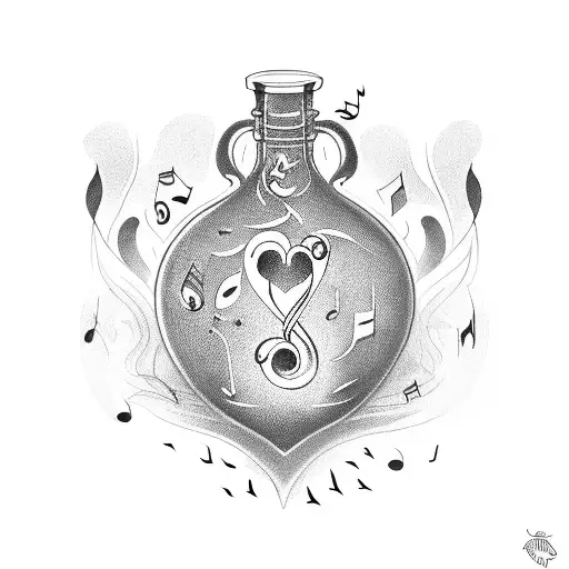 A love potion bottle with musical notes, nature elements, and party symbols tattoo design idea