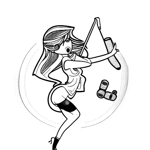 A sexy girl in party clothes dancing on a golf course, with golf clubs in the background and a mix of drugs scattered around tattoo design idea