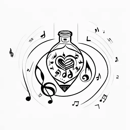 A love potion bottle with musical notes, nature elements, and party symbols tattoo design idea