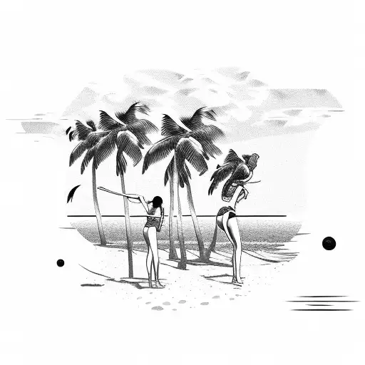 A beach party with girls in bikini playing golf, surrounded by palm trees and waves crashing in the background tattoo design idea