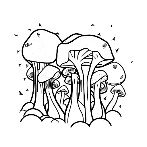 A party scene in the forest with psychedelic mushrooms growing on trees and techno music playing tattoo design idea