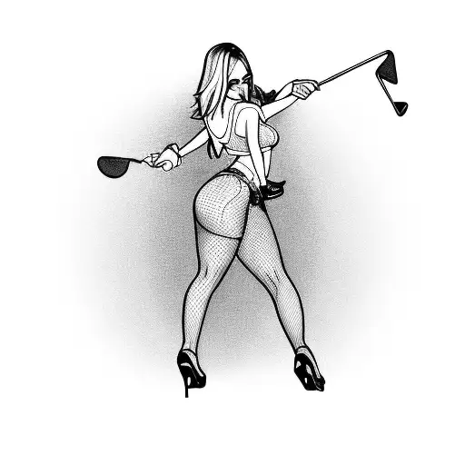 A sexy girl in party clothes dancing on a golf course, with golf clubs in the background and a mix of drugs scattered around tattoo design idea