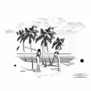 A beach party with girls in bikini playing golf, surrounded by palm trees and waves crashing in the background tattoo design idea
