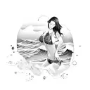 A beach party with girls in bikini playing golf, surrounded by palm trees and waves crashing in the background tattoo design idea