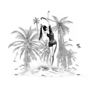 A beach party with girls in bikini playing golf, surrounded by palm trees and waves crashing in the background tattoo design idea