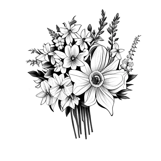 elegant bouquet with a daffodil, a violet, and a larkspur, tied up with a bow tattoo design idea