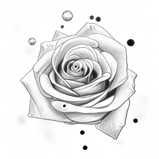 A drawing of a baby golden retriever playing with a white rose tattoo design idea