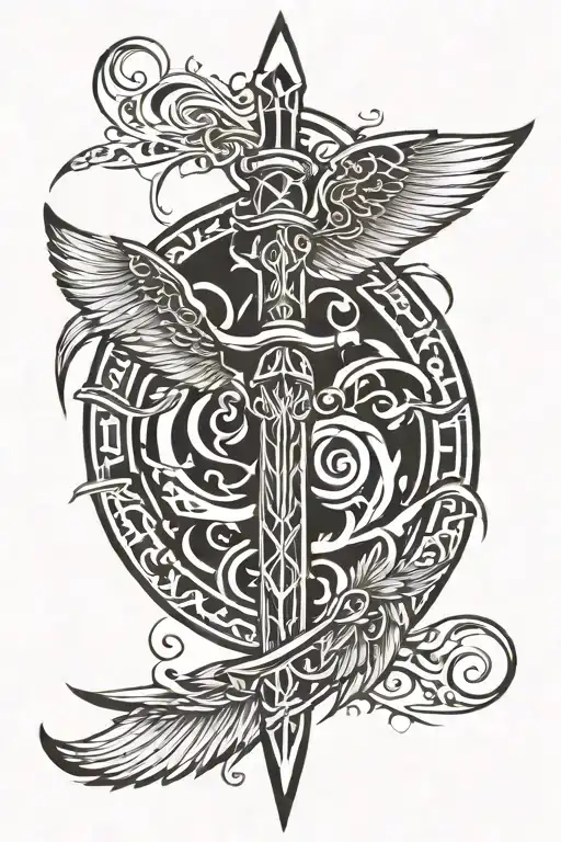 sword and wings tattoo design idea