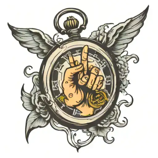 peace fingers holding pocket watch tattoo design idea