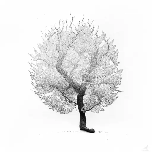 a big leafless tree with leafs falling tattoo design idea
