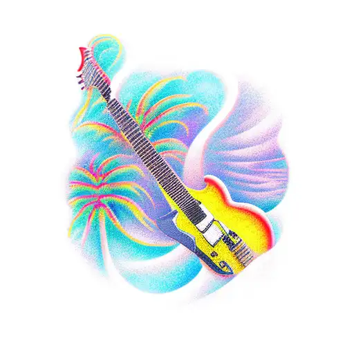 A palm tree shaped like a guitar with waves crashing around it tattoo design idea