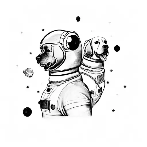 An astronaut floating in space with a flat coat retriever and a pyrenees dog beside them tattoo design idea