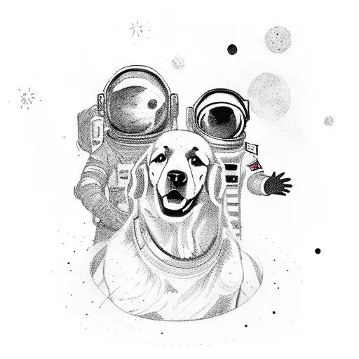 An astronaut floating in space with a flat coat retriever and a pyrenees dog beside them tattoo design idea