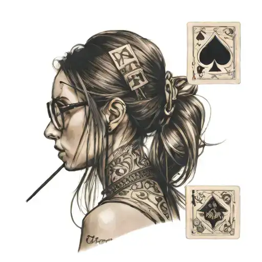 girl in profile, very long aquiline nose, glasses, long straight brown hair tied up, very thin lips, ace of spades card tattoo design idea