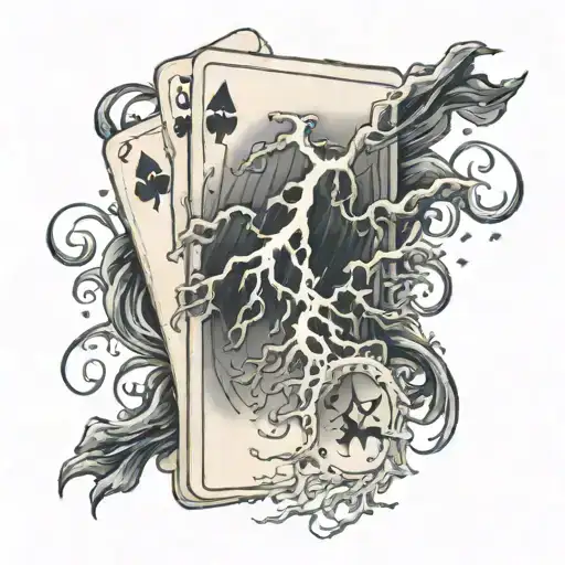 Dark Clouds, Lightning striking playing cards, rain  tattoo design idea