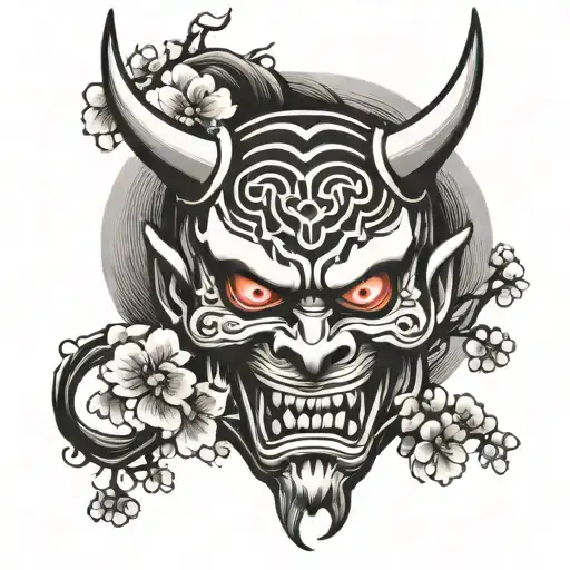 Japanese demon mask with sakura flowers tattoo design idea
